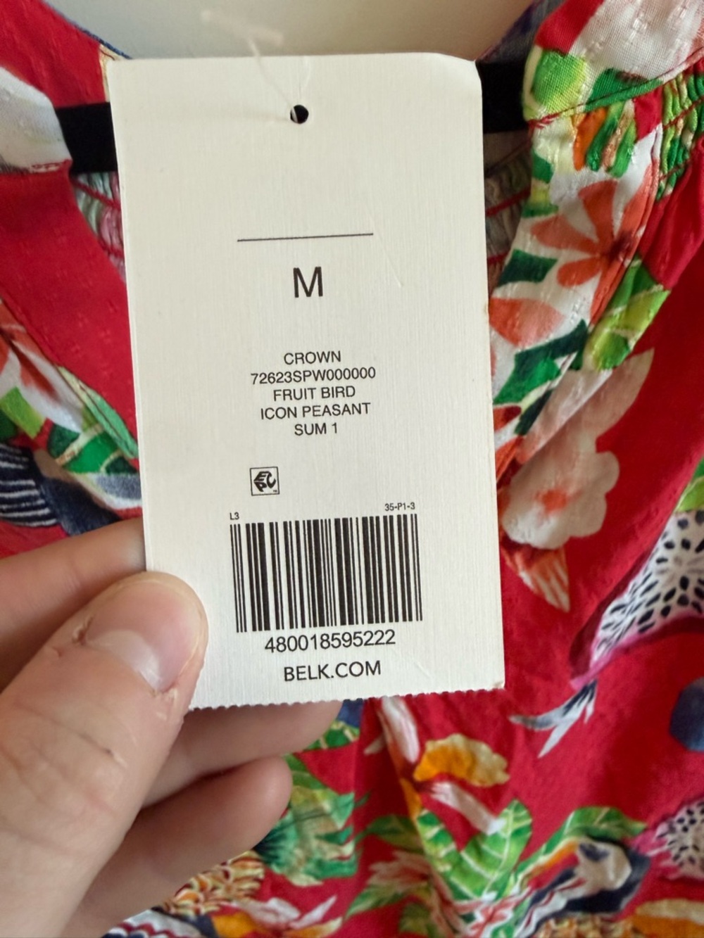 Crown & Ivy Tropical Bird Print Peasant Blouse Red Floral 3/4 Sleeve Boho Size M - Picture 3 of 5